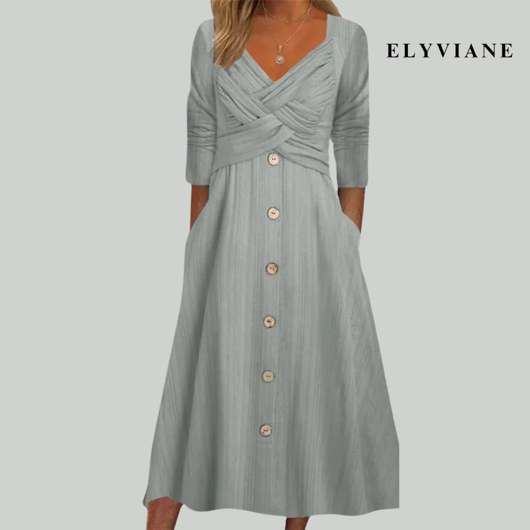 Elena – Elegancka i Wzmacniająca Sukienka z Guzikami i Krzyżowymi Szczegółami
