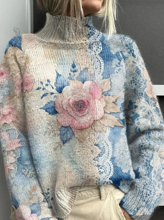 Rose - Koronkowy sweter z dzianiny z golfem
